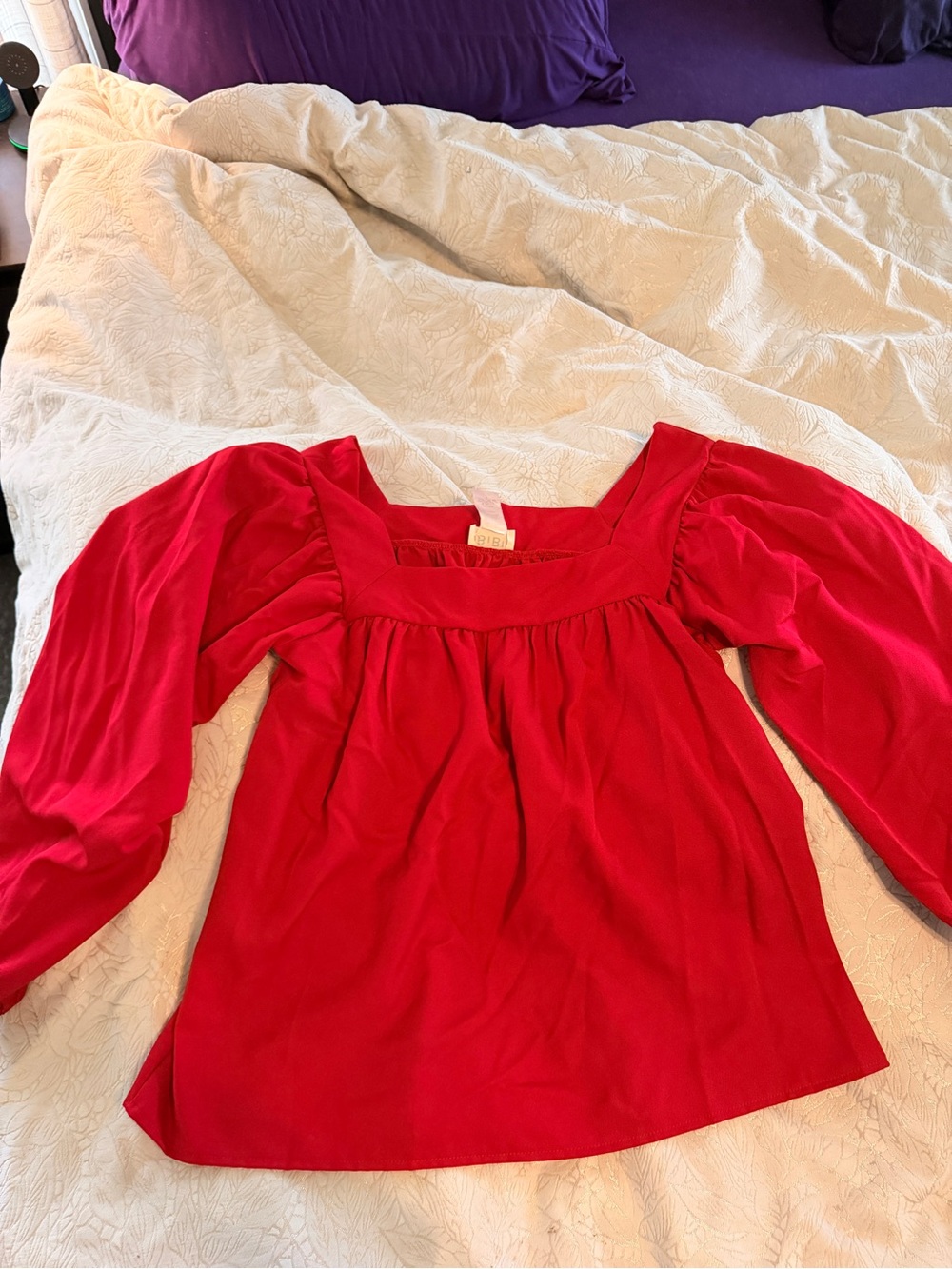 BiBi Red Square-Neck Puff Sleeve Blouse